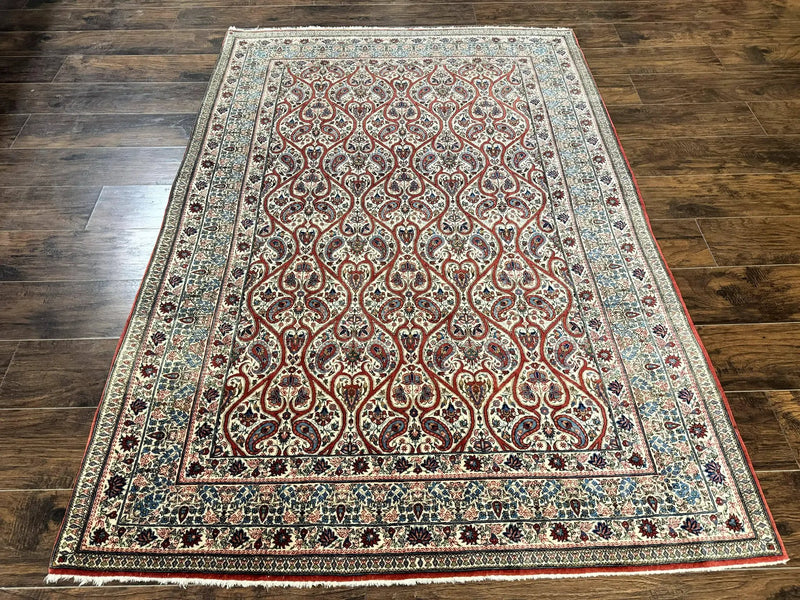 Unique Persian Qum Rug 5x7, Repeated Paisely Boteh Design, Ivory Red Blue, Handmade Antique Wool Persian Carpet, Finely Hand Knotted by Jewel Rugs