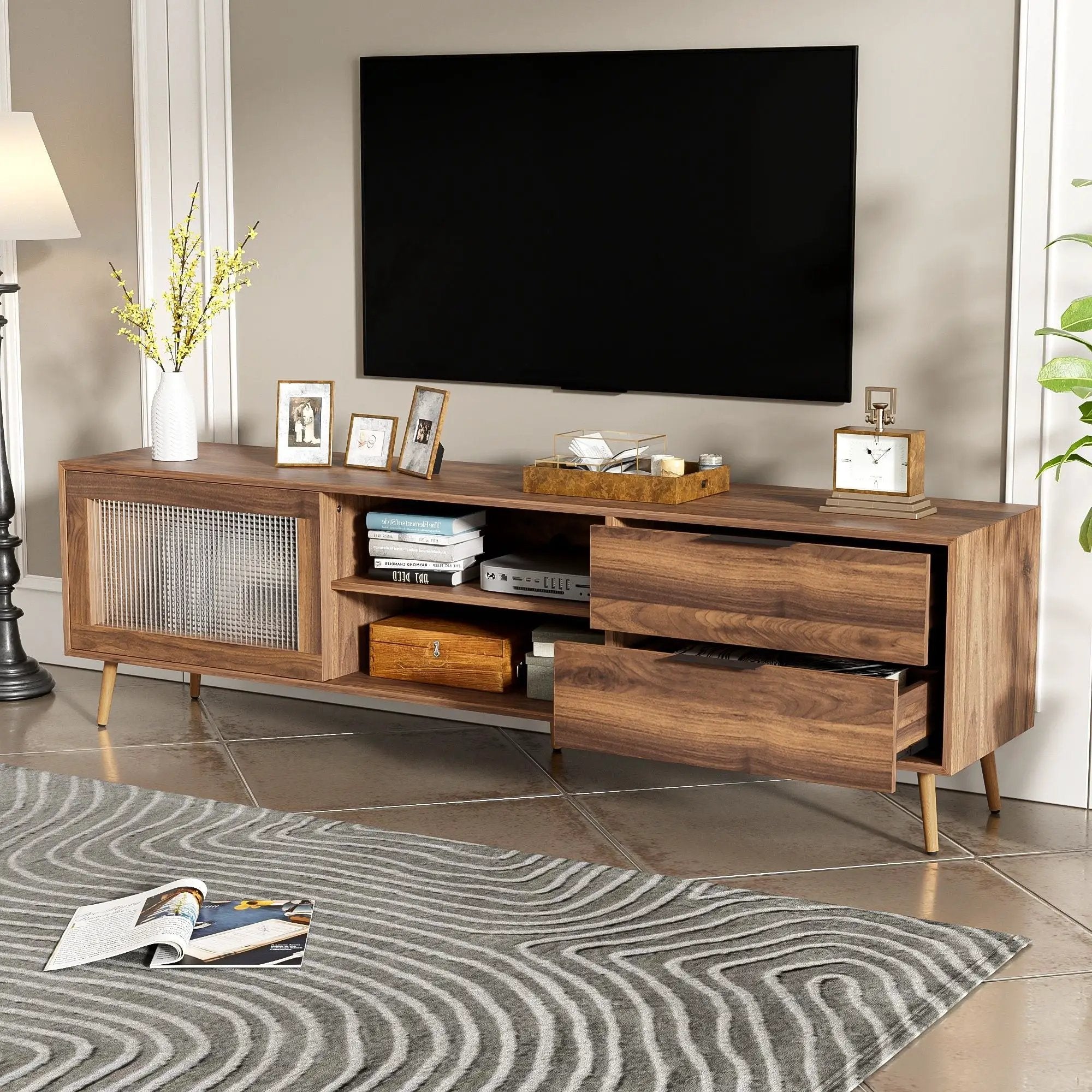 TV Stand, Media Console With 2 Doors, 2 Drawers & Storage Cabinet - Walnut by Unique Piece Furniture