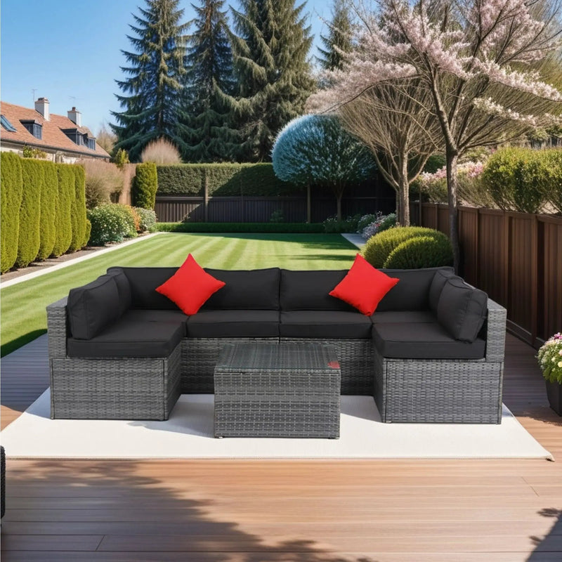 5 Pieces Rattan Sectional Outdoor Furniture Cushioned U Sof Set With 2 Pillow - Gray / Black by HouseOfZazla