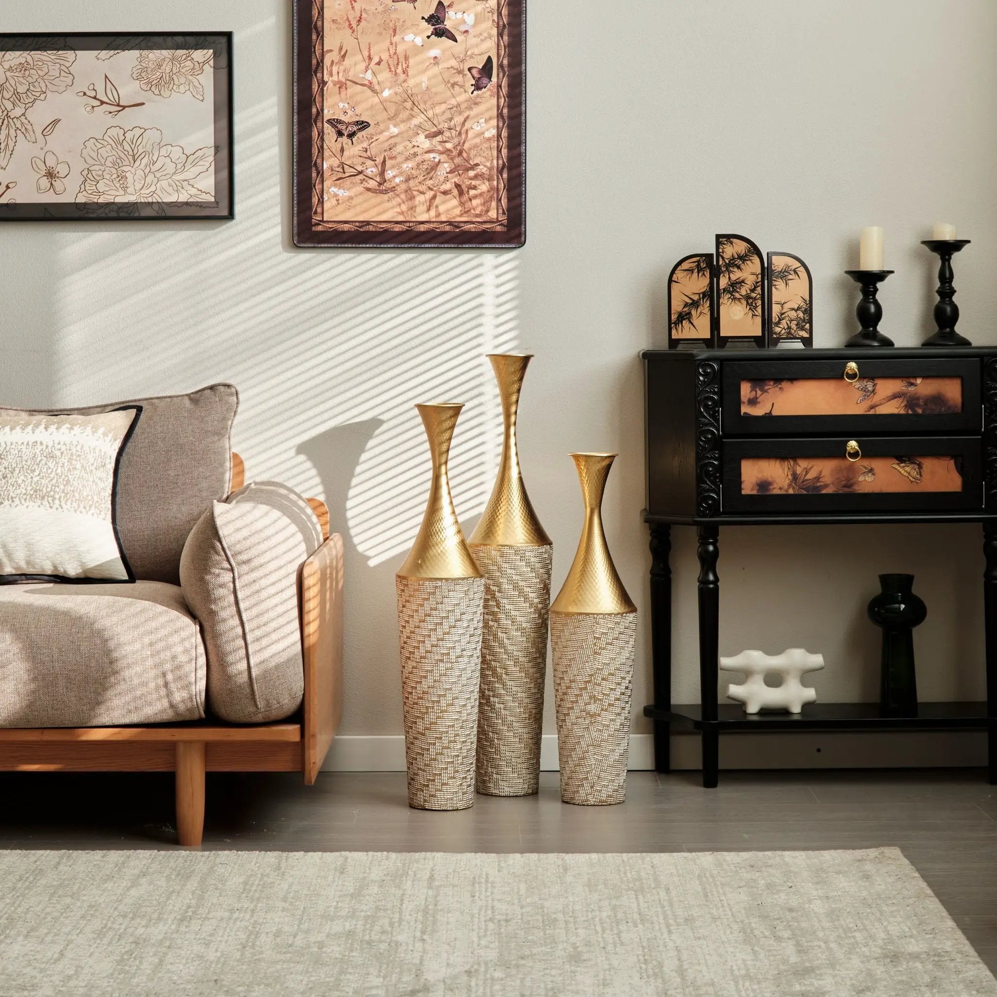 Floor Metal Vase Modern Style Decoration Home Woven Pattern Metal Vase 3 Piece Set Gorgeous Home Decoration Large Glazed Metal Vase - Champagne by Unique Piece Furniture