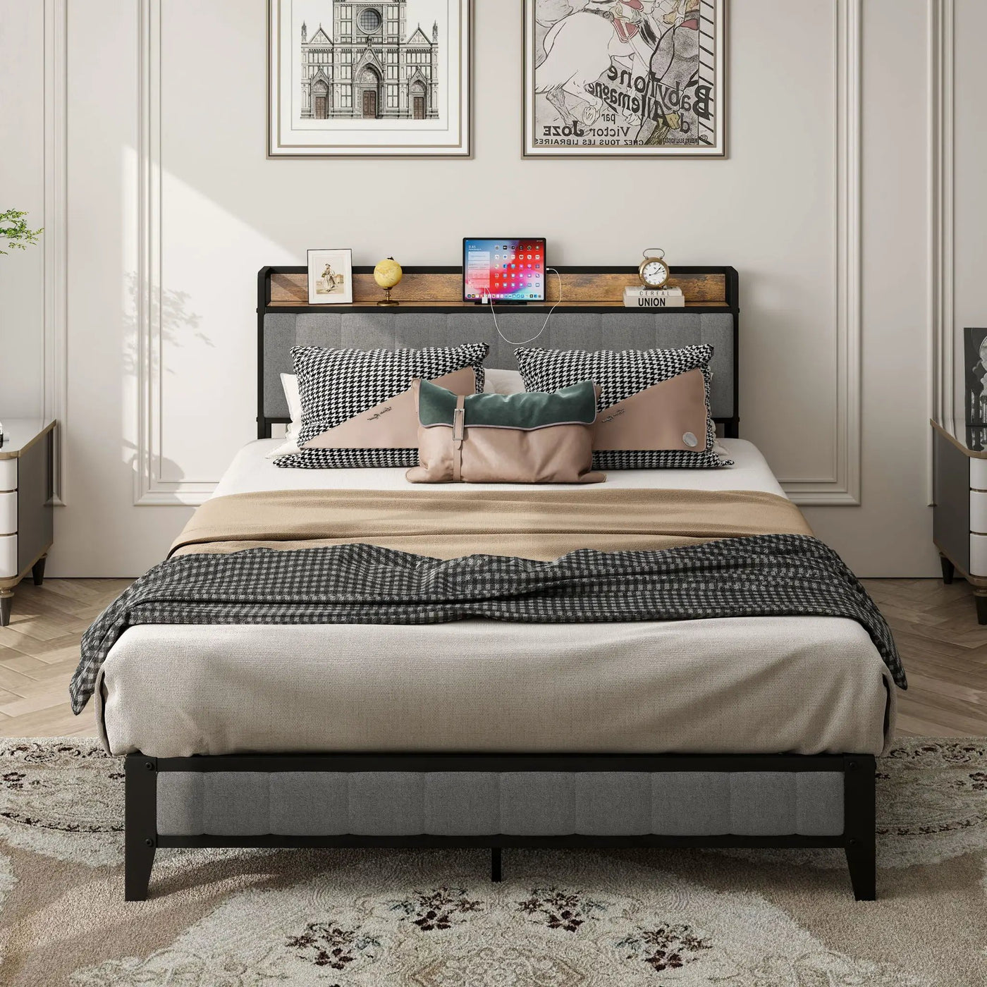 Bed With Charging Station, American Design Upholstered Headboard, Metal Platform by Unique Piece Furniture