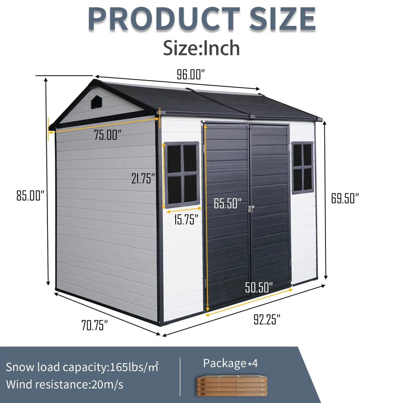 Resin Outdoor Storage Shed With Two - Window And Double - Door, Plastic Shed With Floor For Gargen, Patio, Yard, Lawn by HouseOfZazla