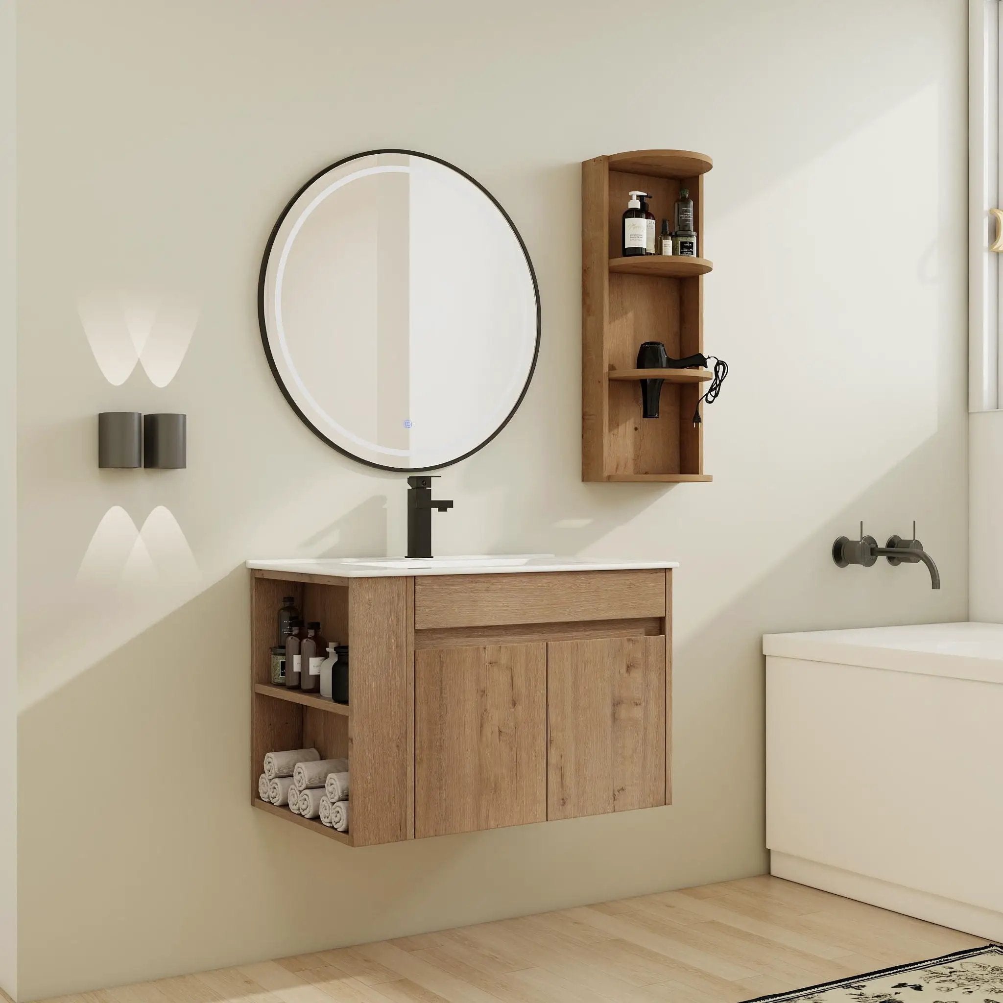 Modern Wall Mounted Bathroom Vanity With Sink And Storage Rack Soft Close Doors Plywood - Imitative Oak by HouseOfZazla