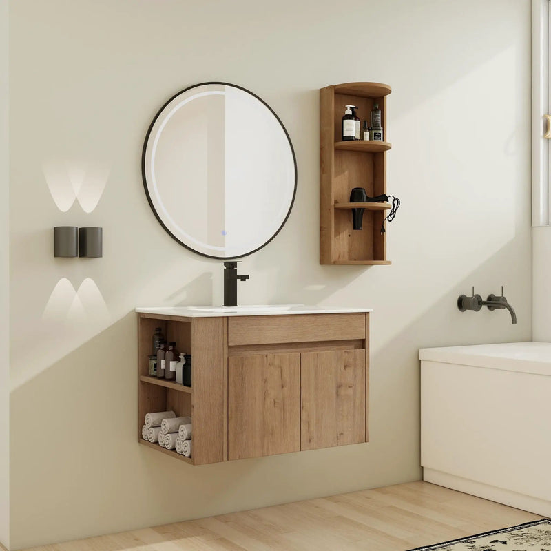 Modern Wall Mounted Bathroom Vanity With Sink And Storage Rack Soft Close Doors Plywood - Imitative Oak by HouseOfZazla