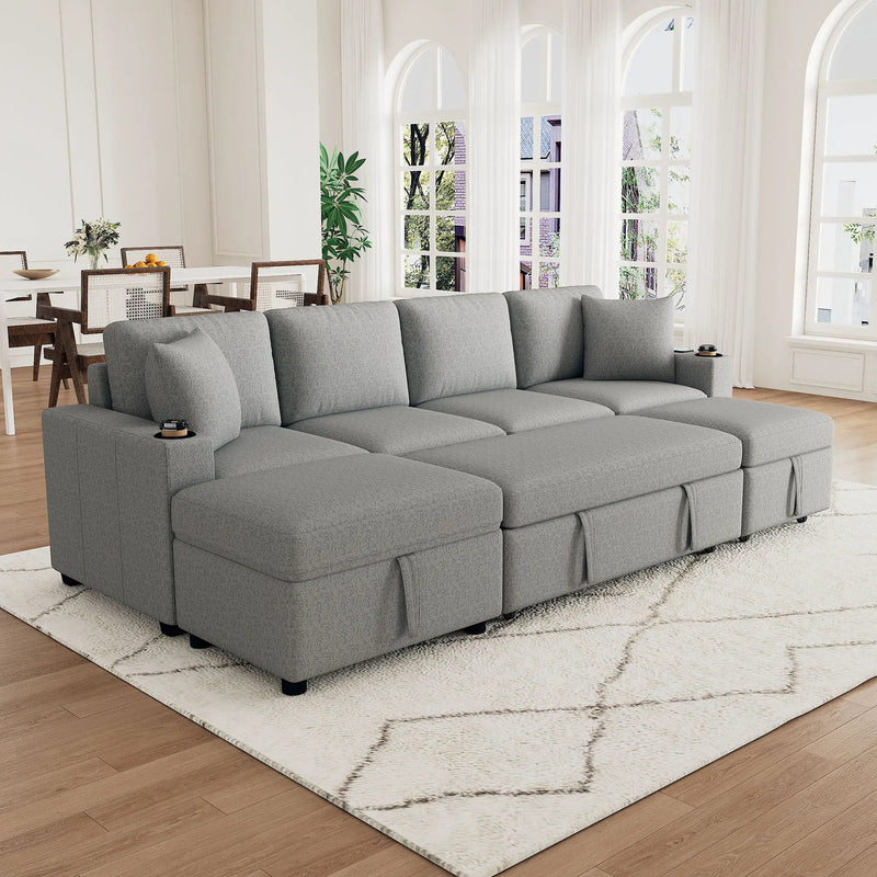 Sectional Sofa Convertible Pull-Out Bed With Storage Ottoman & USB Ports by HouseOfZazla