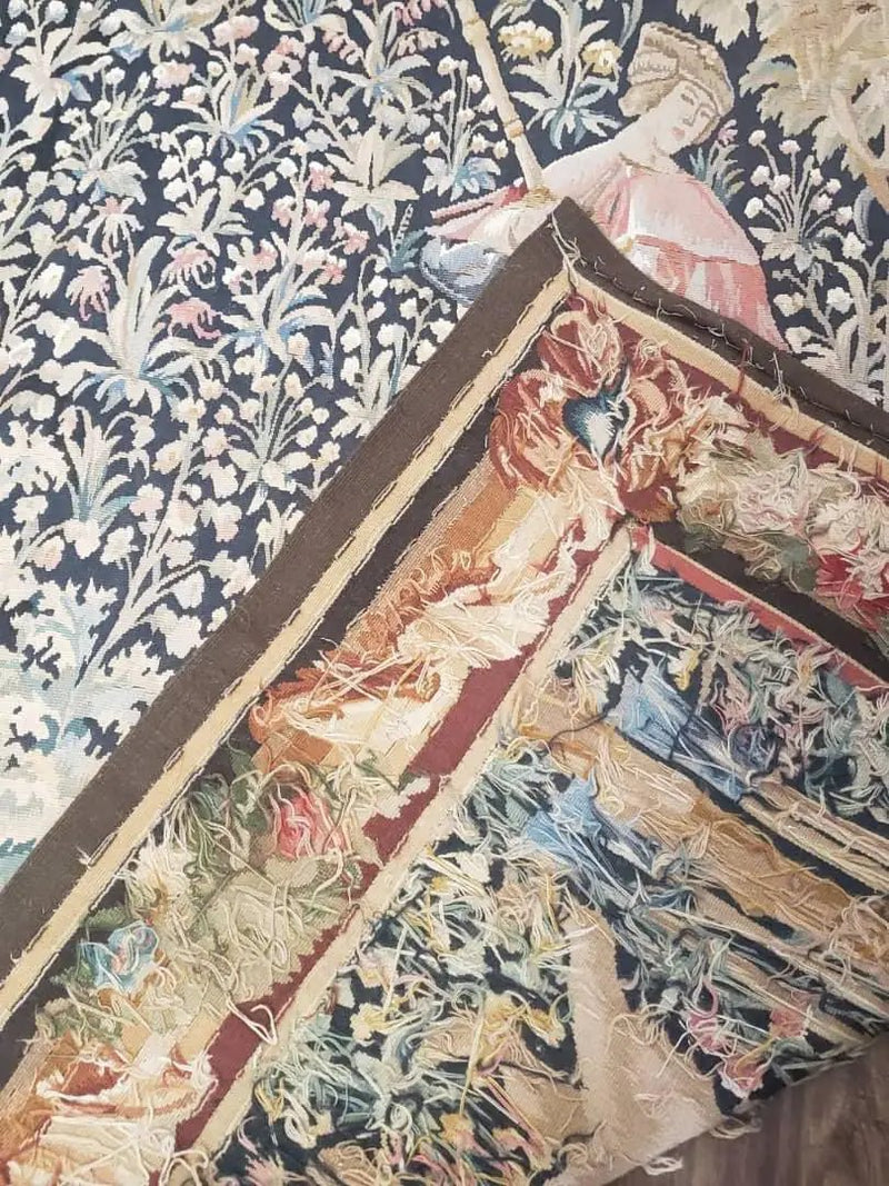 Vintage European Tapestry 5.4 x 7.11, Antique Style European Wall Hanging, Aubusson Weave Handmade Tapestry, Courtship Dating Scene, Animals by Jewel Rugs