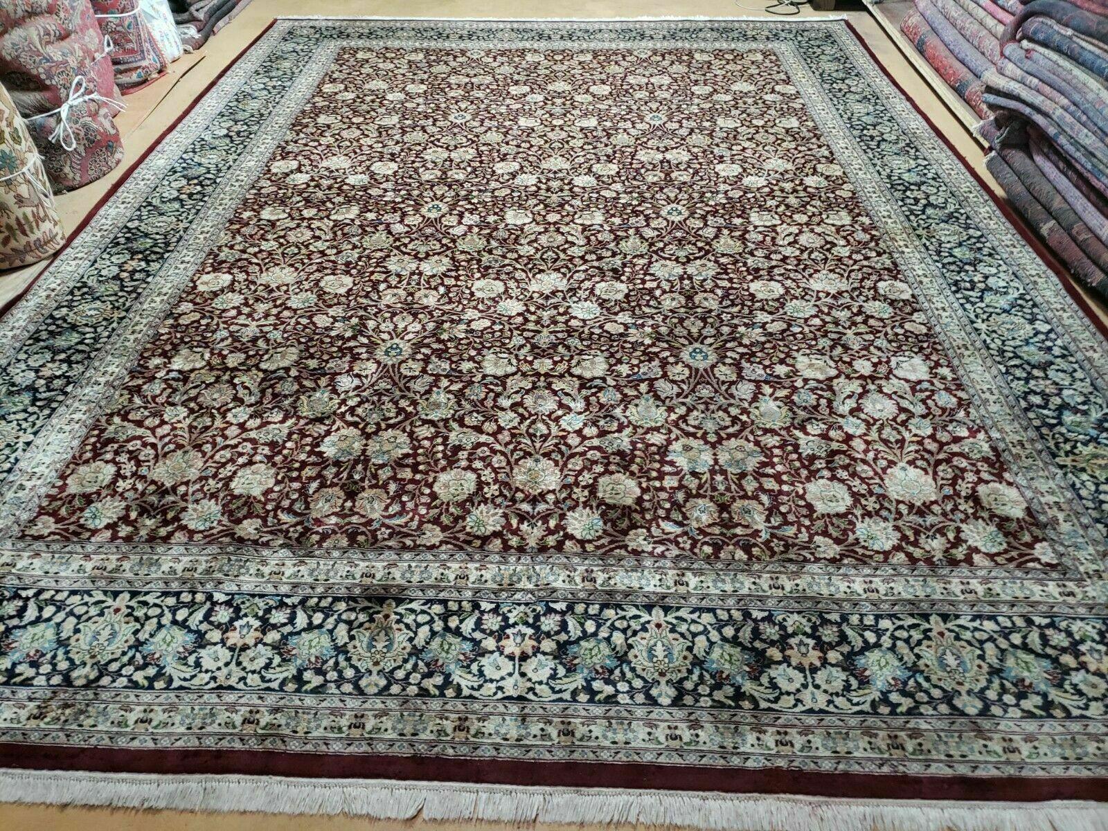 Persian Rug 9x12, Floral Allover, Very Fine, Handmade, Room Sized Oriental Carpet, Sino Persian, Maroon and Navy Blue by Jewel Rugs