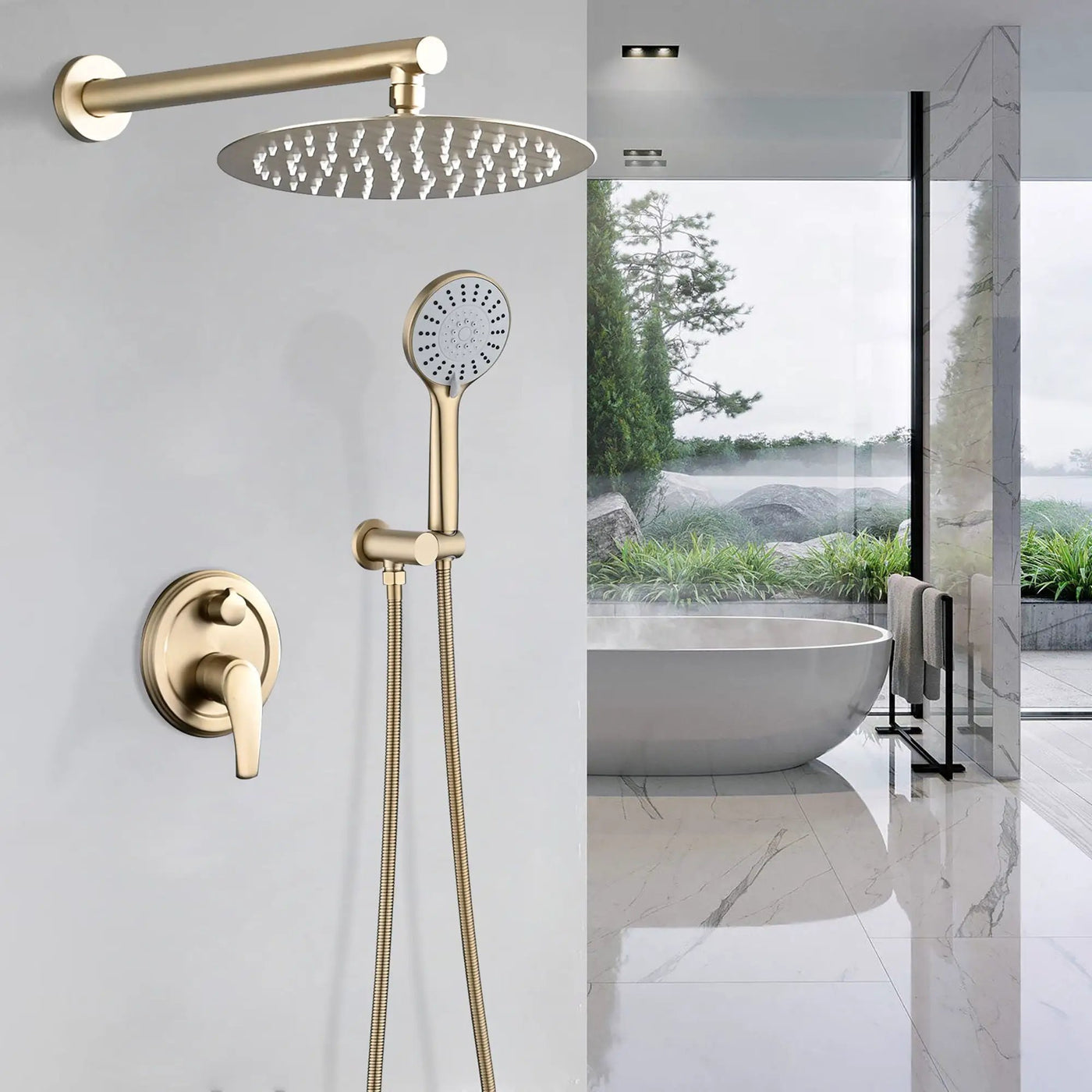 Wall Mounted Shower Set With High Pressure 10" Rain Shower Head And 5 Function Handheld Shower Head by HouseOfZazla