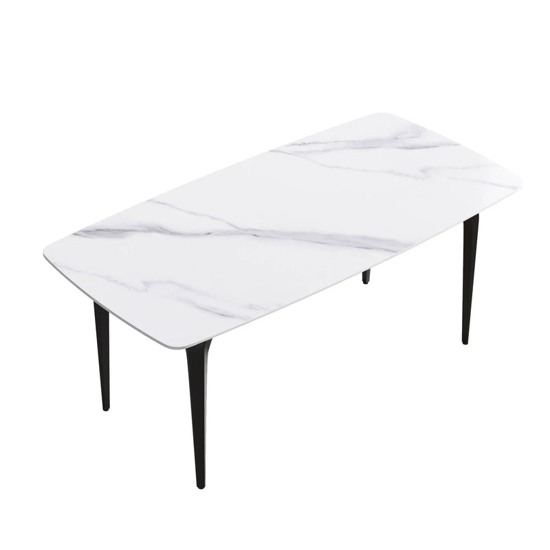70.87" Modern Artificial Stone Curved Black Metal Leg Dining Table, Can Accommodate 6-8 People - White / Black by Unique Piece Furniture