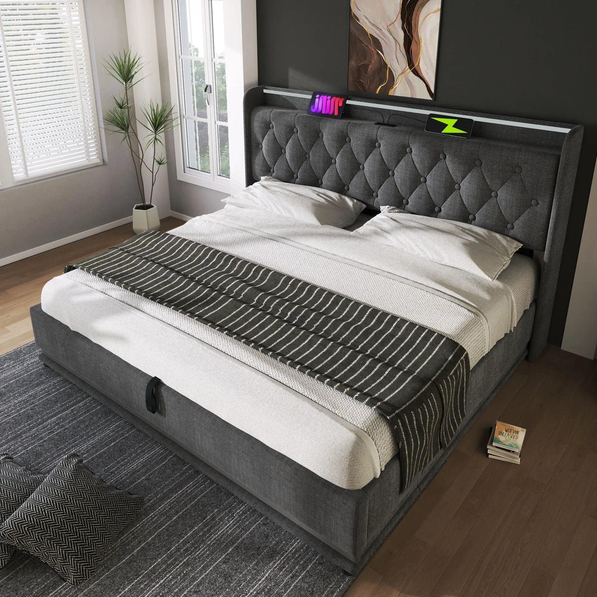 Upholstered Bed, 360 Surround LED Function, Remote Control, Hydraulic Storage Bed With USB, Type-C Charging (Without Mattress) by HouseOfZazla