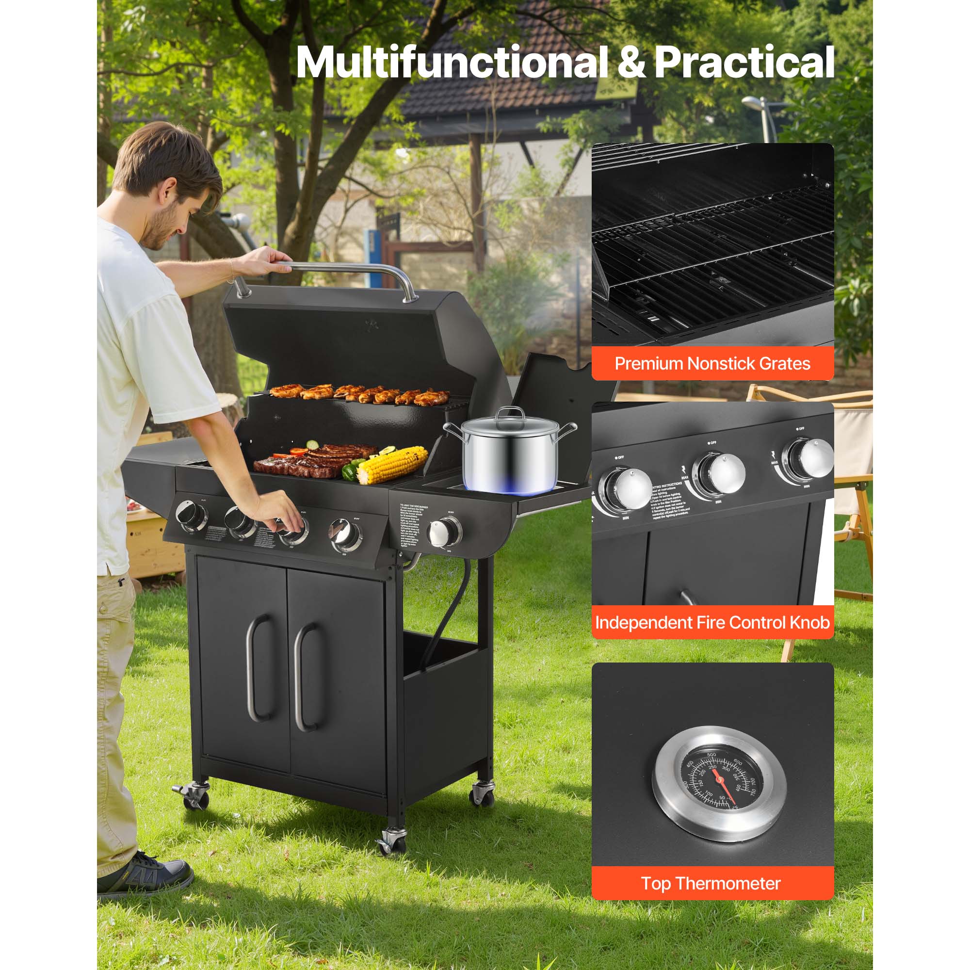 Gas Grill, 4 Burner Propane Gas Grill with Side Burner by HouseOfZazla