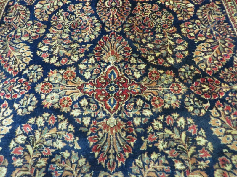 Antique Persian Sarouk Rug 4x6, Hand Knotted 1920s Oriental Carpet 4 x 6 ft, Navy Blue and Red Wool Rug, Handmade Floral Allover Persian Area Rug by Jewel Rugs