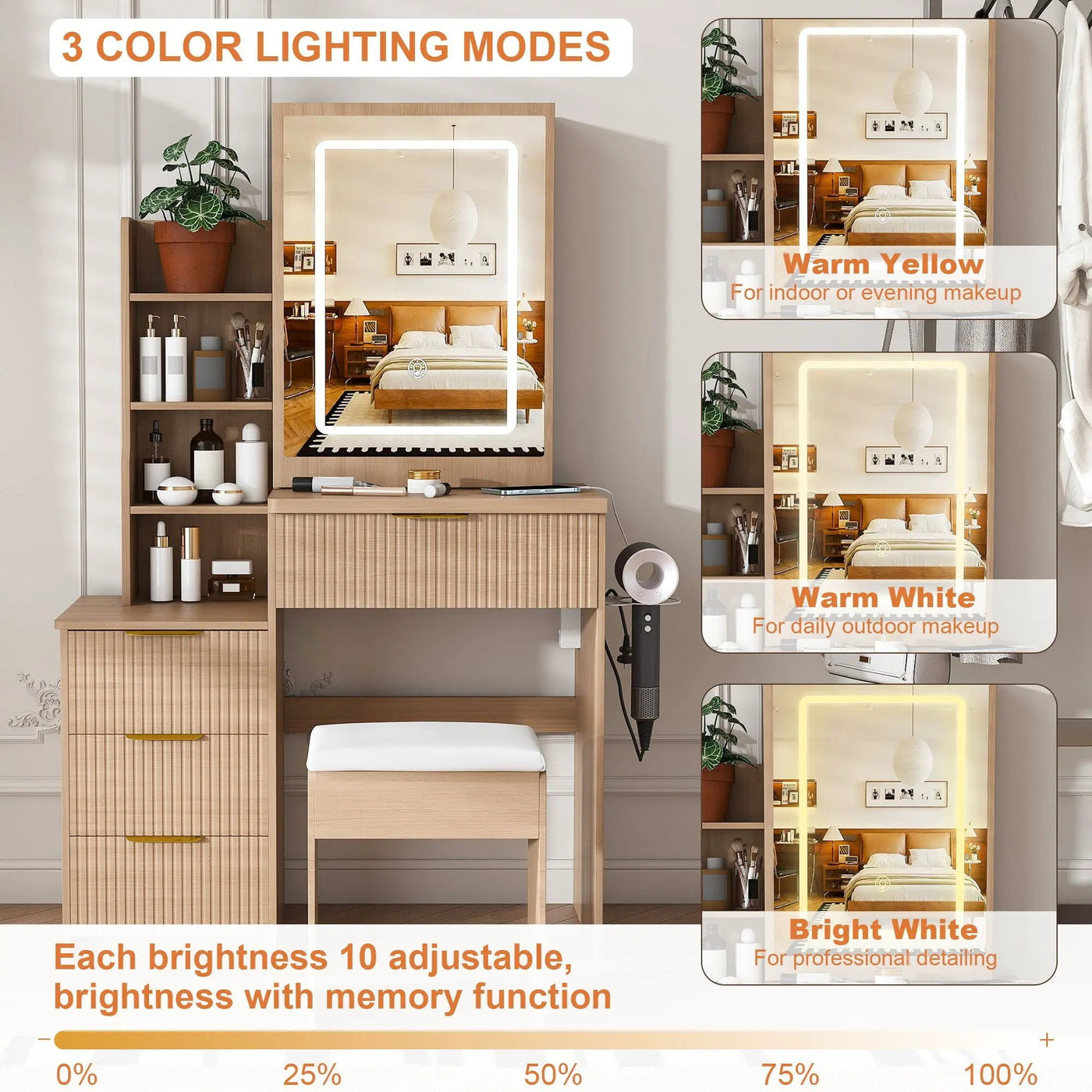 Modern Vanity Desk With 3 LED Lighting Modes, 4 Drawers by Unique Piece Furniture