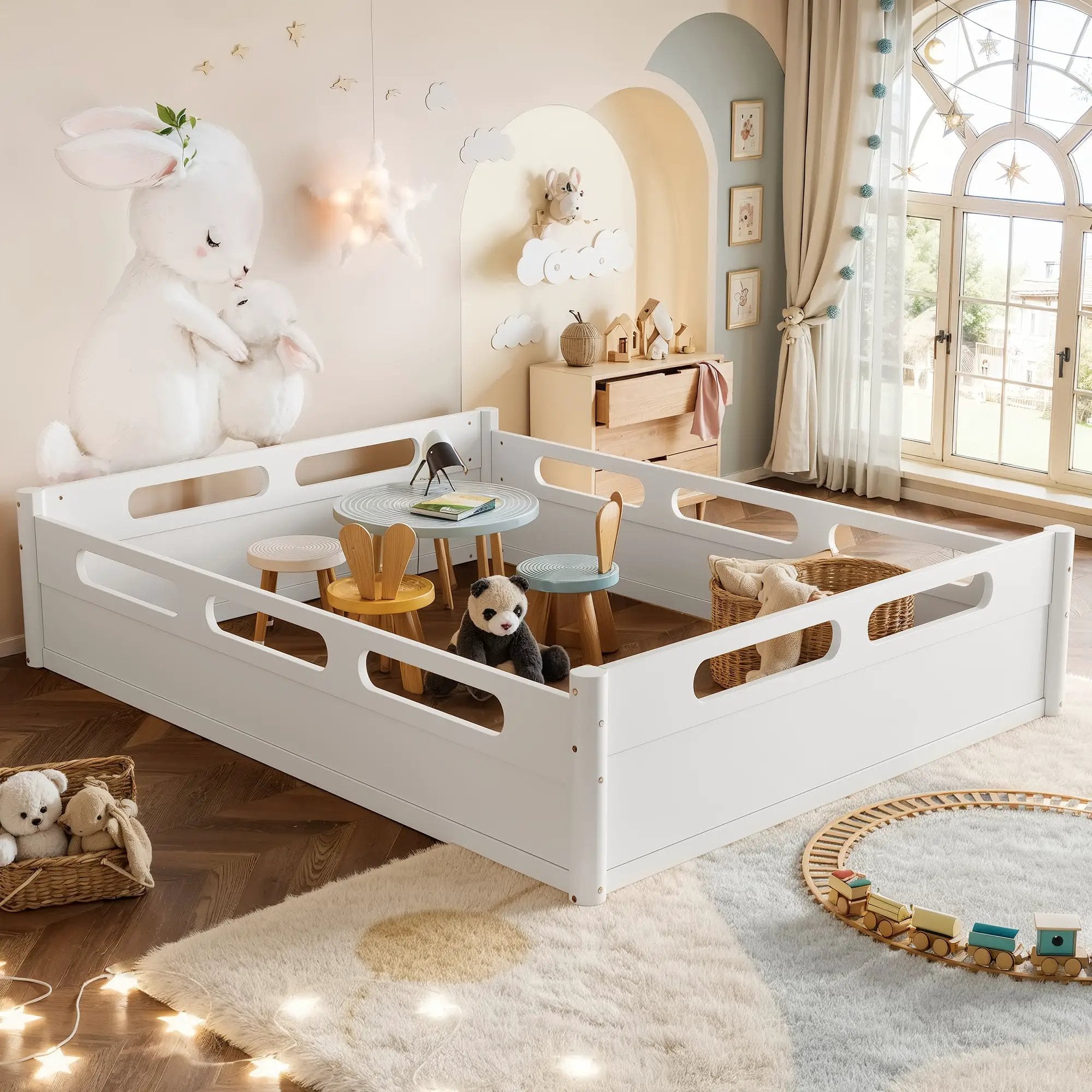 Queen Size Floor Platform Bed with Guardrails by HouseOfZazla