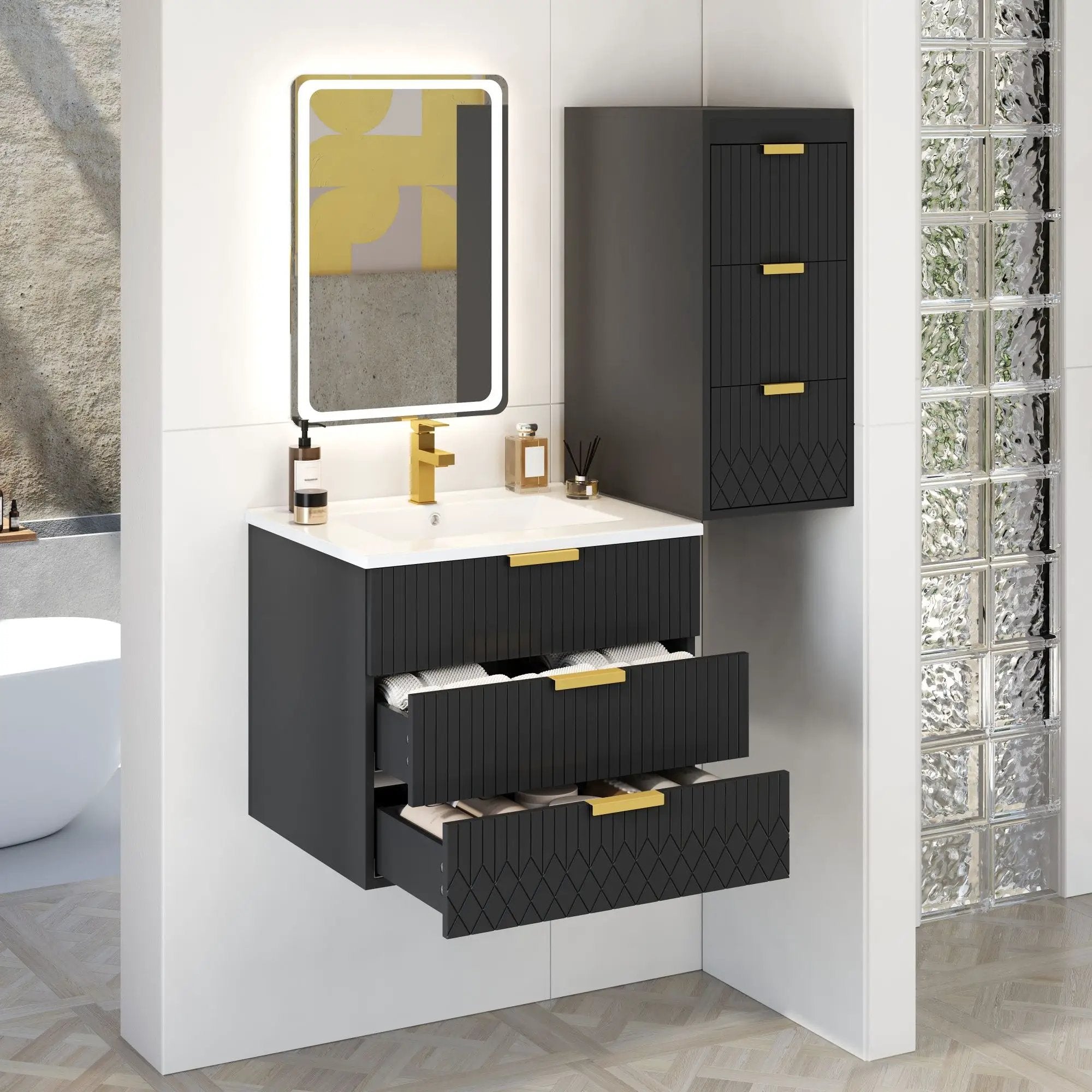 Wall Mounted Floating Cabinet With Side Cabinet Combo, Rectangular Ceramic Sink Vanity by HouseOfZazla