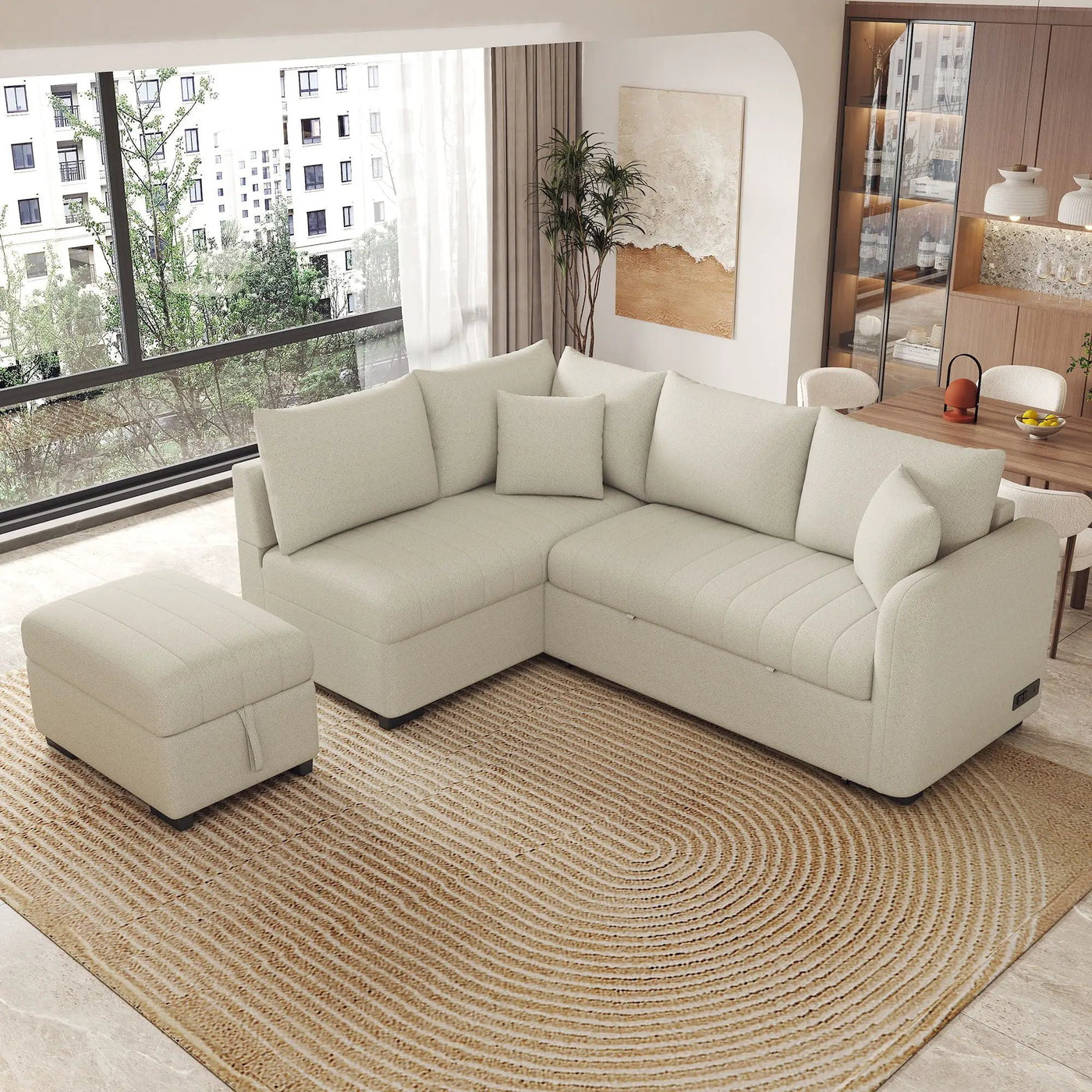 L-Shaped Sectional Pull Out Sofa Bed Sleeper Sofa With Two USB Ports, Two Power Sockets And A Movable Storage Ottoman by Unique Piece Furniture