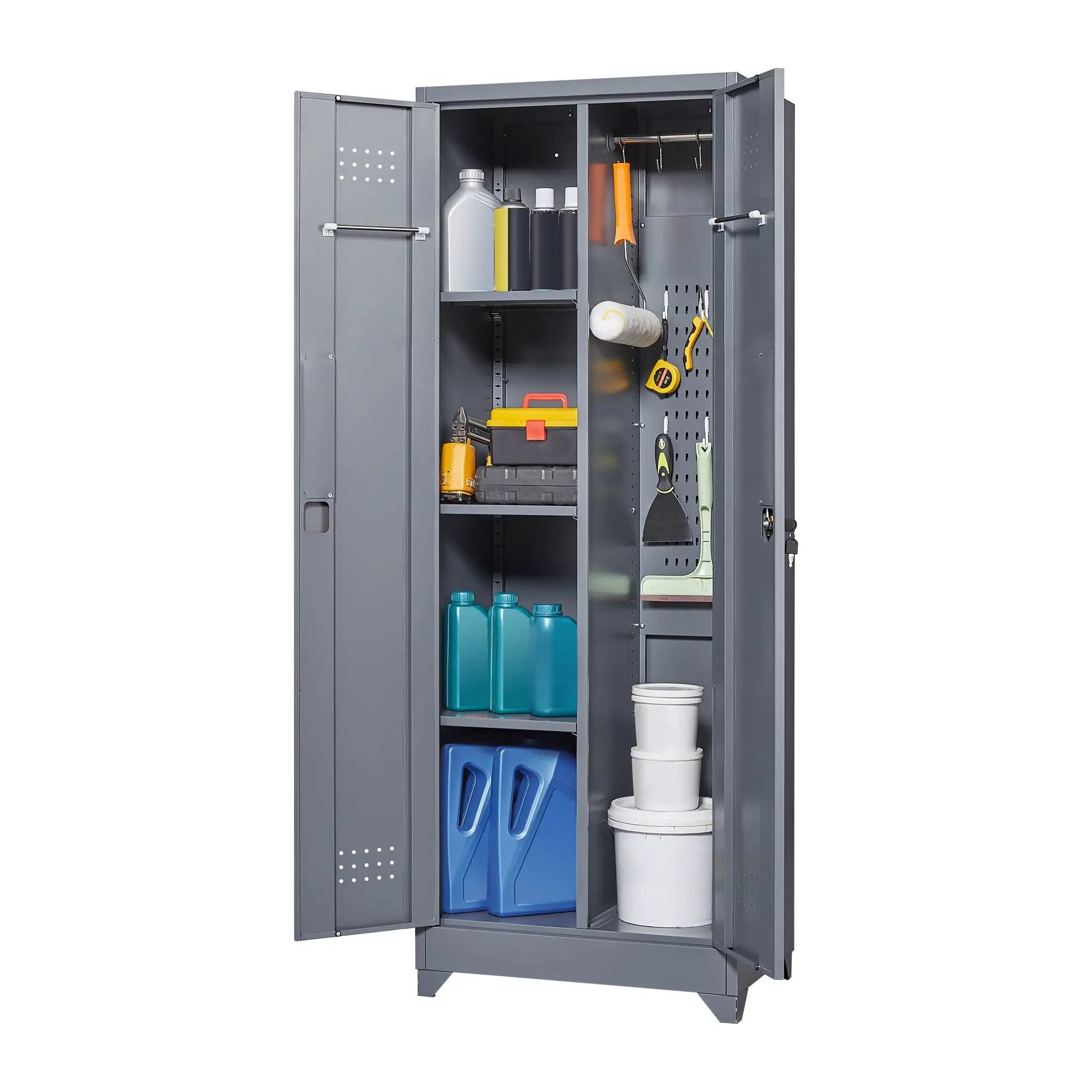 Heavy Duty Storage Cabinet With Locking Doors, Hanging Rod & Shelves, Broom Closet - Gray by HouseOfZazla