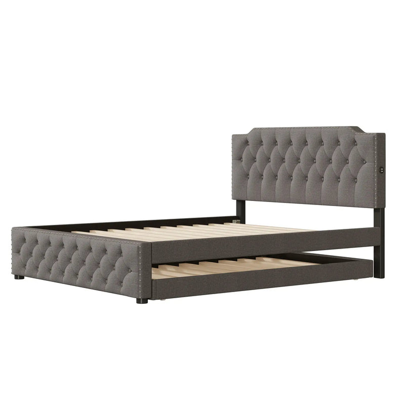 Upholstered Platform Bed With Trundle And 2 Sets Of USB Ports On Each Side, Fabric by HouseOfZazla