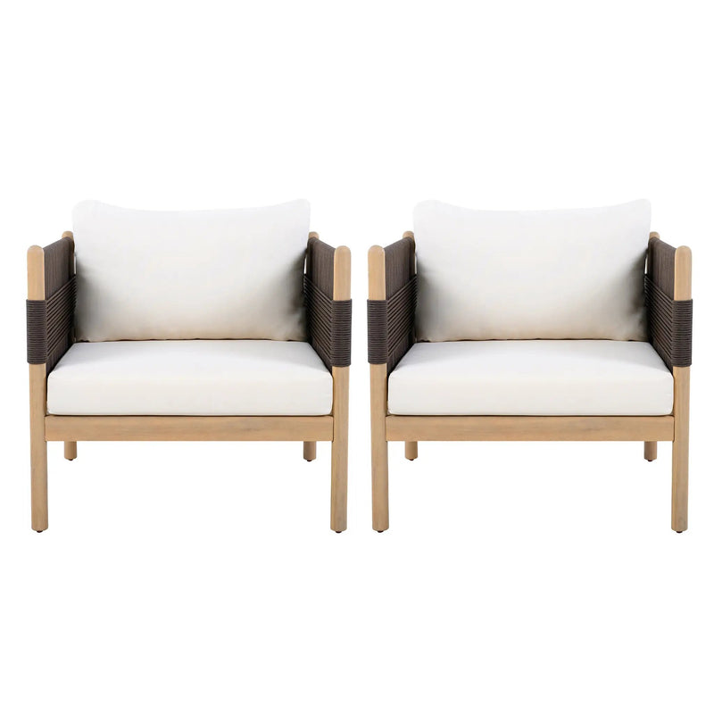 Outdoor Acacia Club Chairs (Set of 2) with Diamond-Pattern Black Rope, Light Teak Finish by HouseOfZazla