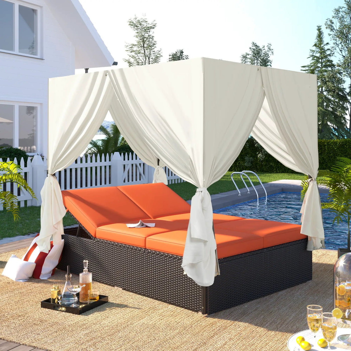 U_STYLE Outdoor Double Chaise Lounge Daybed with Curtains by HouseOfZazla