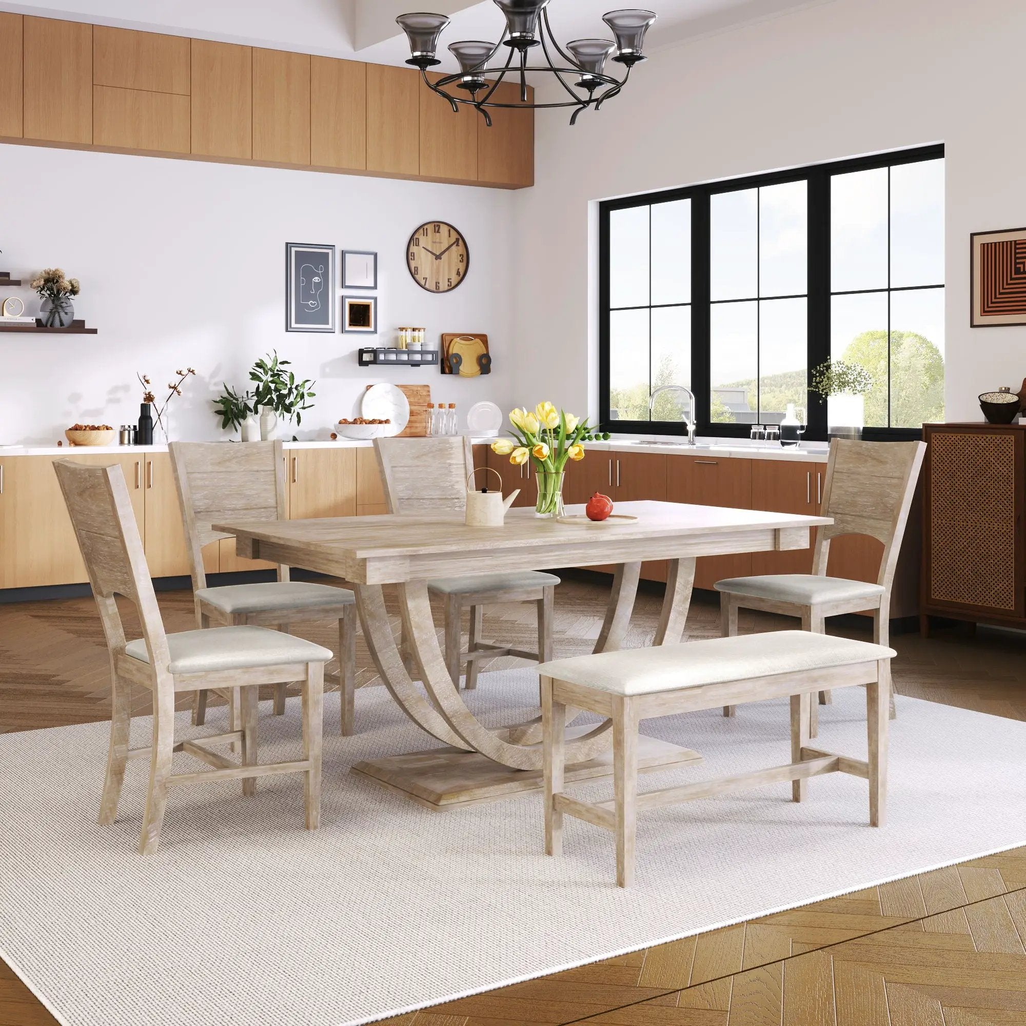 Topmax - 6 Piece Wood Half Round Dining Table Set Kitchen Table Set With Long Bench And 4 Dining Chairs, Modern Style by Unique Piece Furniture