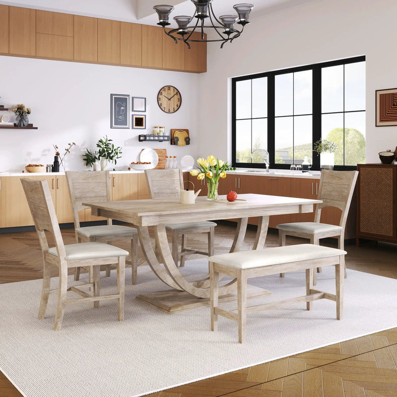 Topmax - 6 Piece Wood Half Round Dining Table Set Kitchen Table Set With Long Bench And 4 Dining Chairs, Modern Style by Unique Piece Furniture