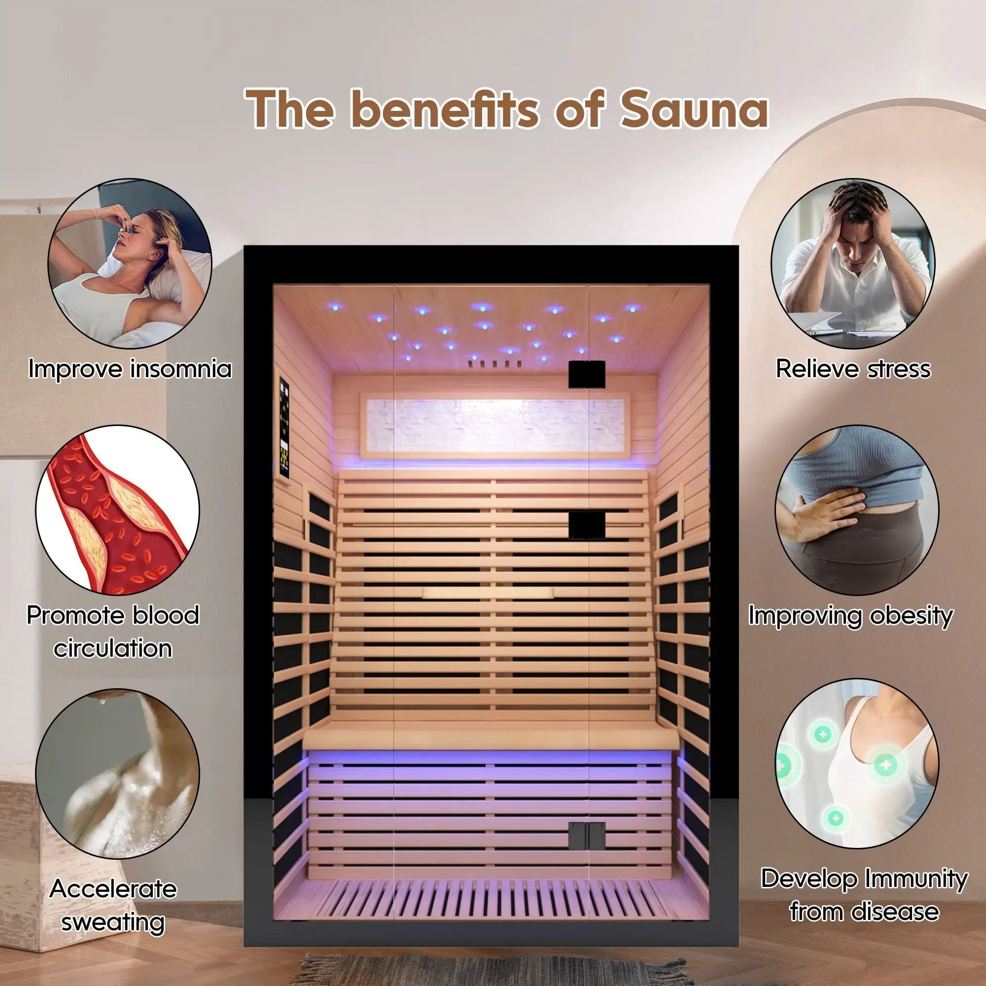 Luxury Double Far Infrared Sauna Room With Epoxy Heating Plates And Starry Sky Lighting - Black / Natural by HouseOfZazla