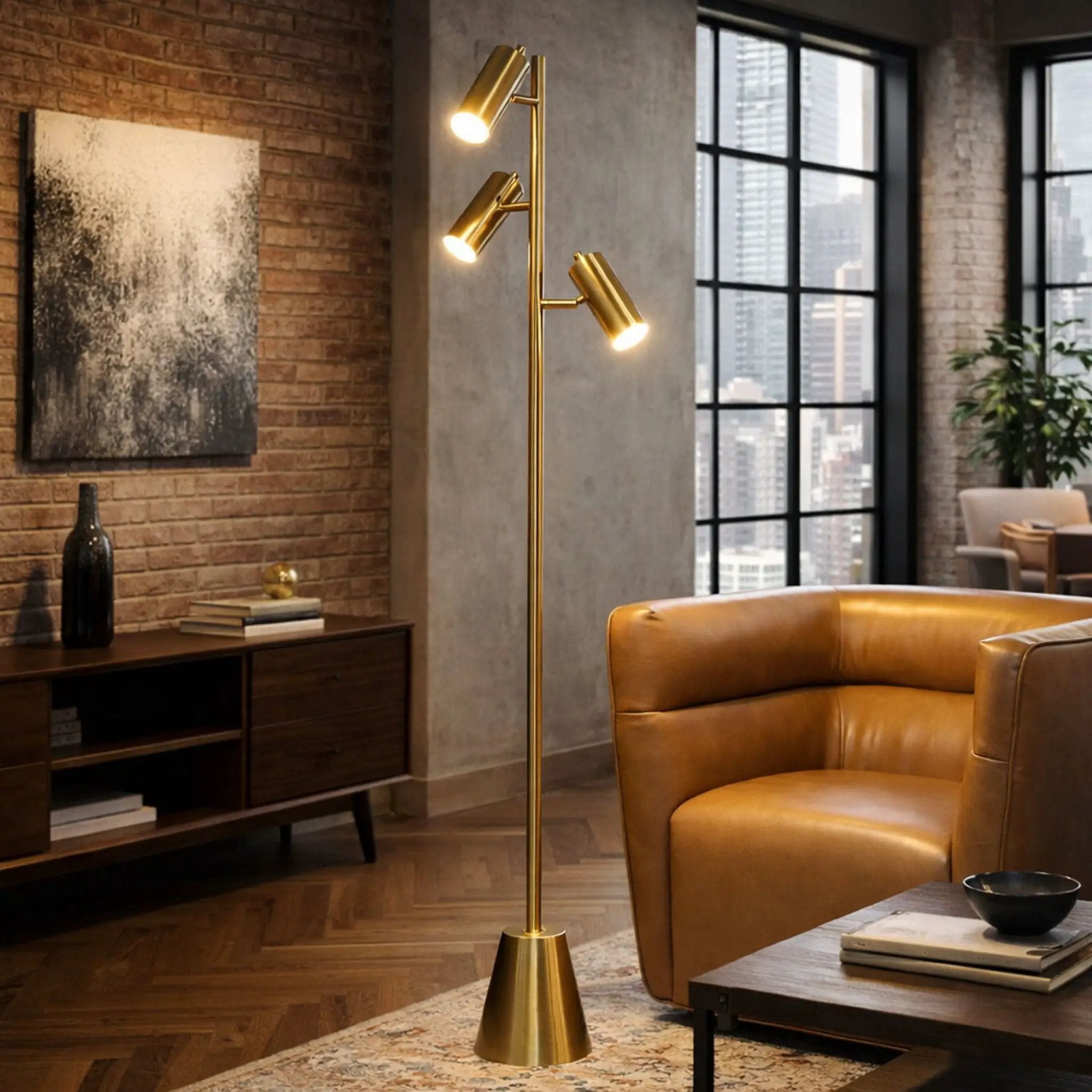 Lumina - Floor Lamp With Rotary Switch Triple Spots Cone Base - Gold by Unique Piece Furniture