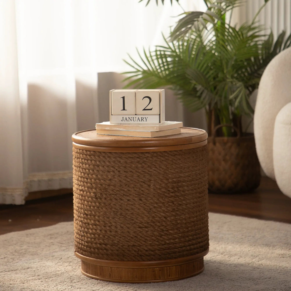 Round Rattan Coffee Table with Lift-Off Lid Storage by HouseOfZazla