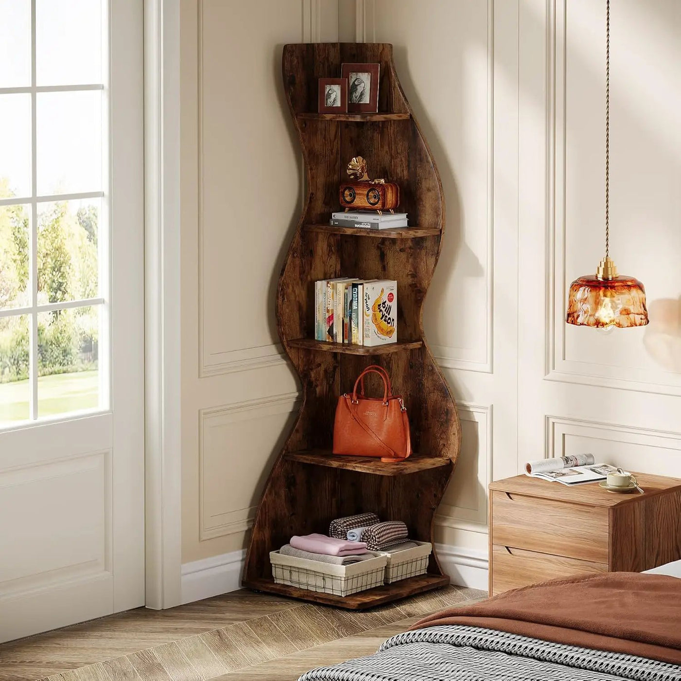 5 Tier Wavy Corner Bookshelf And Plant Stand For Living Room by HouseOfZazla