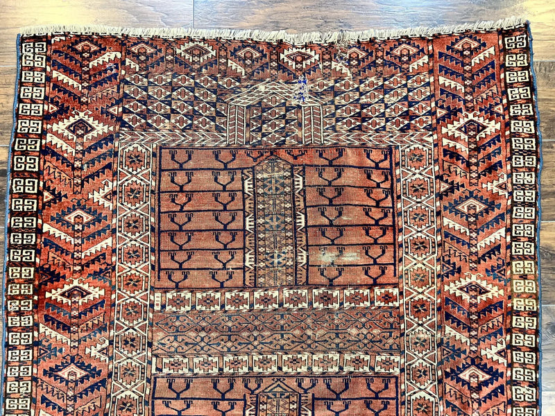 Antique Turkoman Rug 4x4, Hatchli Square Carpet, Wool Handmade Four Season Yamud Design Rug, Red Bohemian Tribal Rug, Engsi Tekkeh Rug by Jewel Rugs