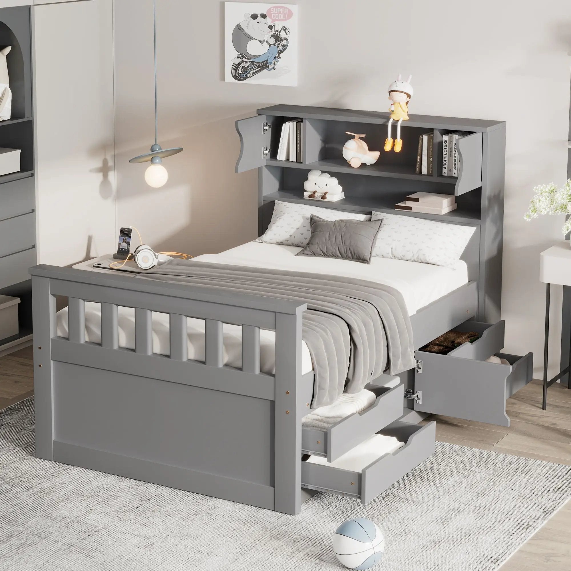 Captain Platform Bed Frame With Storage Bookcases, Shelves, And 4 Drawers