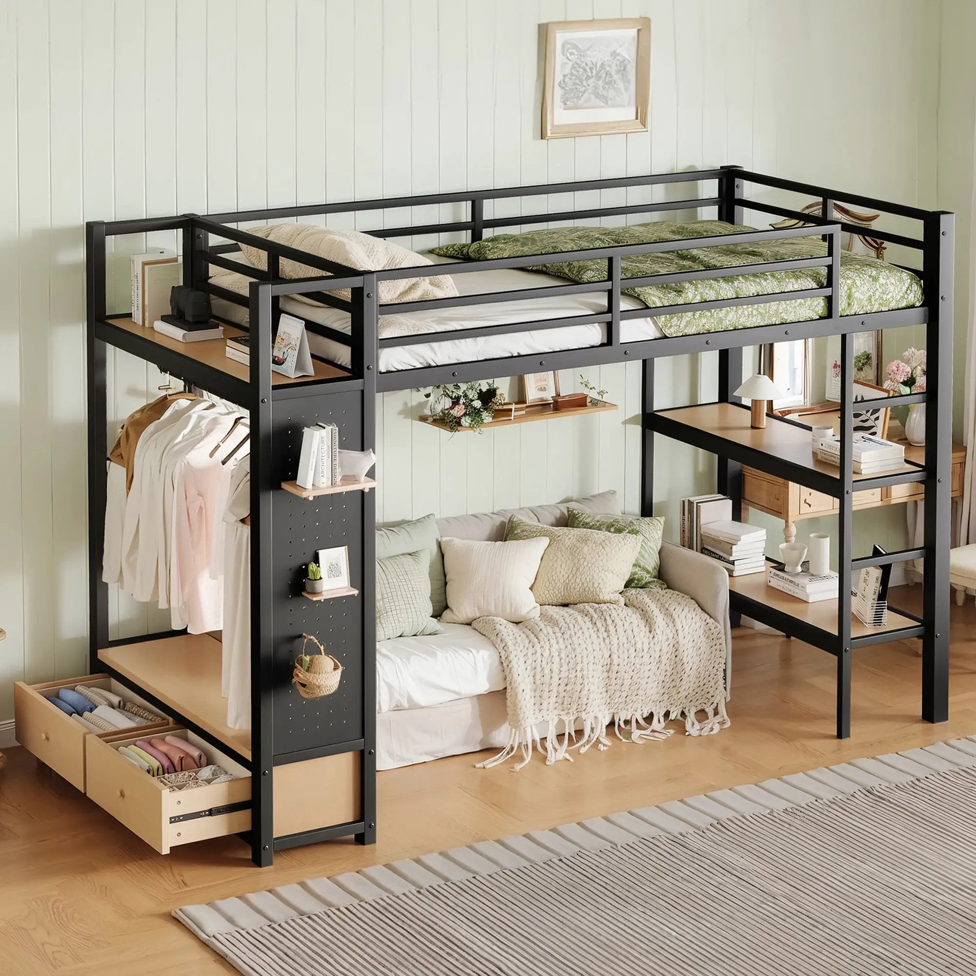 Twin XL Size Loft Bed Frame with Wardrobe and Shelves by HouseOfZazla