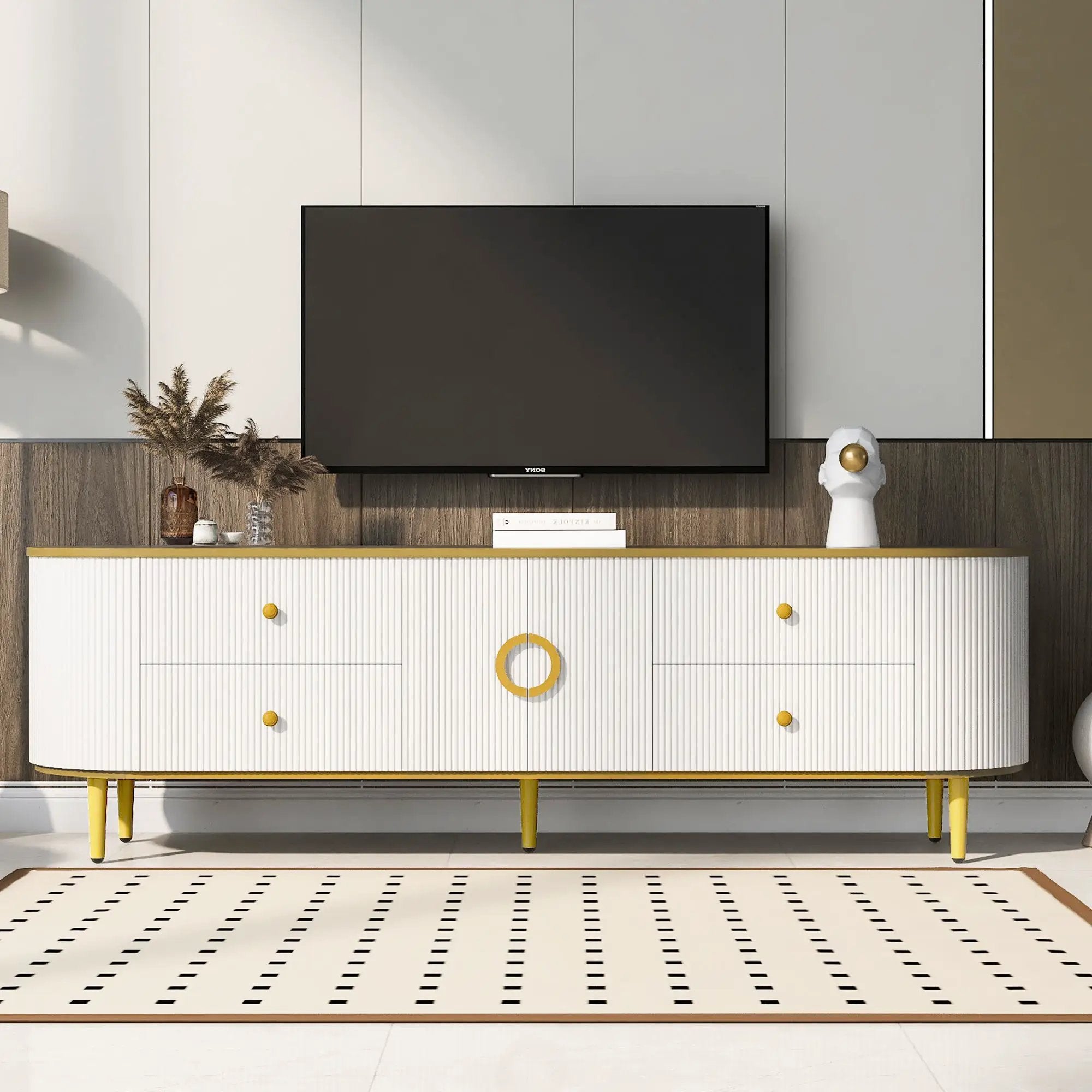 Modern TV Stand For TVs Up To 80", Entertainment Center With 4 Drawers And 1 Cabinet, Wood TV Console Table With And Handles For Living Room - White by Unique Piece Furniture