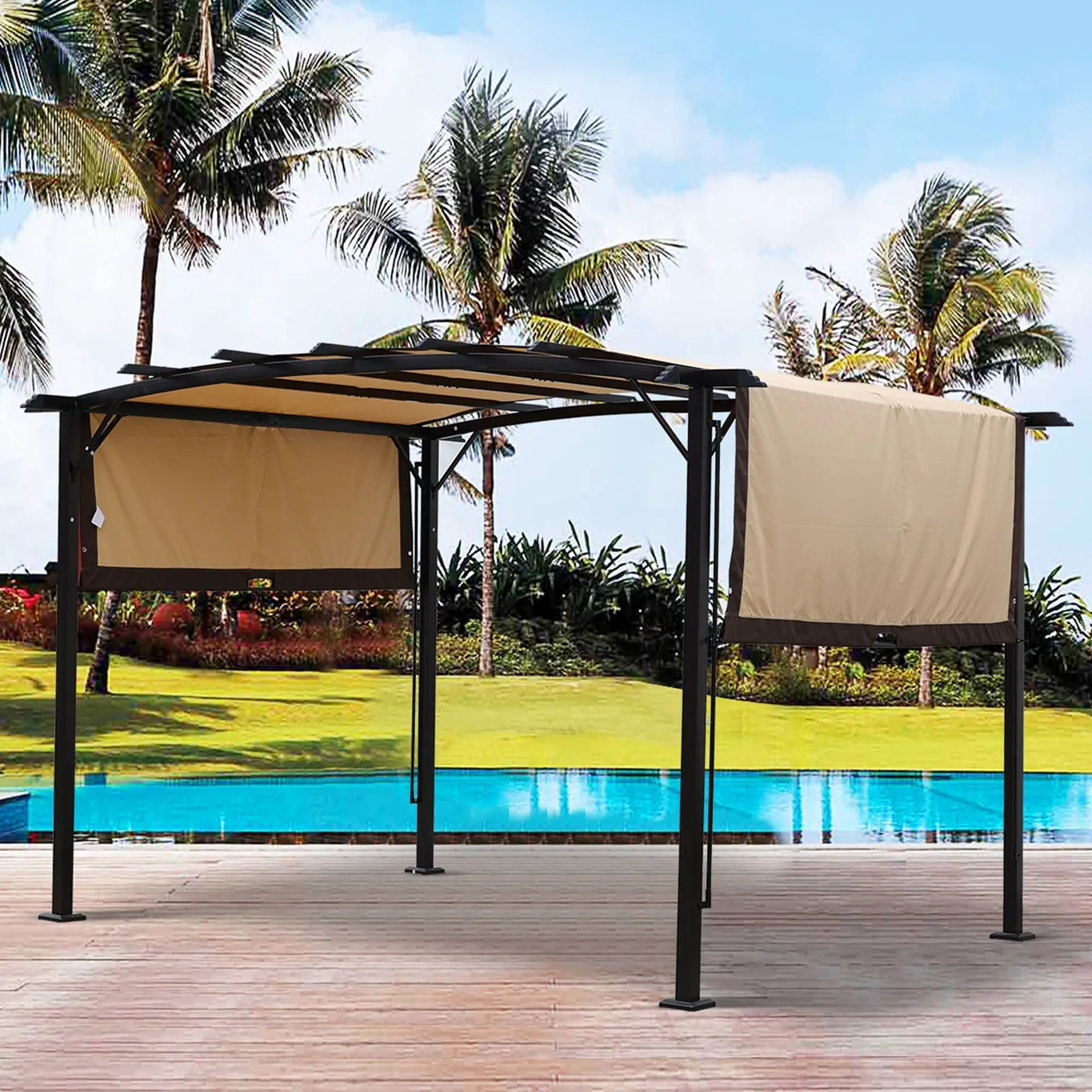 Outdoor Patio Pergola Gazebo - Steel Frame Sun Shelter With Retractable Canopy by HouseOfZazla