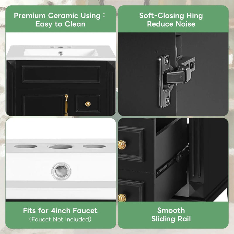 Bathroom Vanity With Sink, Compact Cabinet & 2 Drawers And Adjustable Shelf