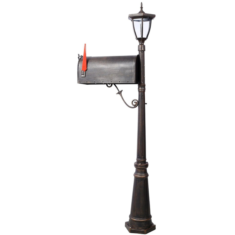 Stratford - Heavy Duty Cast Aluminum Mailbox With Post And Solar Light, Fluted Base, Decorative Modern Mailbox - Brown by HouseOfZazla