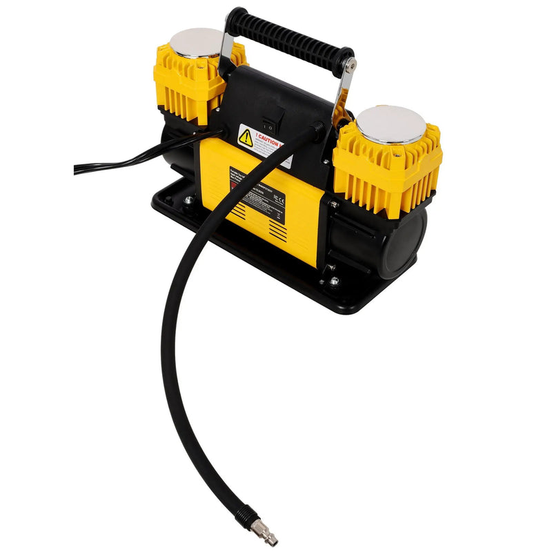 Heavy Duty 12V Dual Cylinder Air Compressor, Tire Inflator With Gauge - Yellow / Black by HouseOfZazla