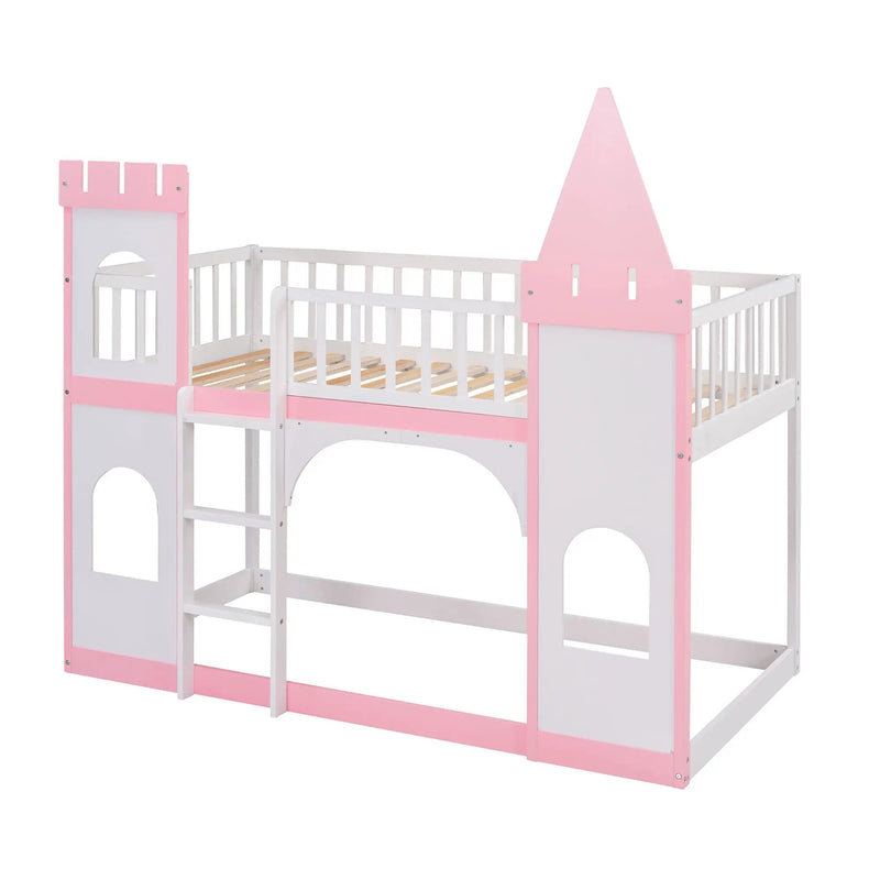 Twin Over Twin Castle Bunk Bed With Ladder - Pink by HouseOfZazla