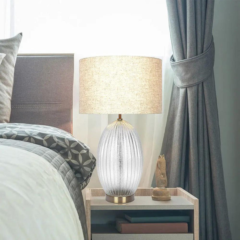 Aurora - Ribbed Lamp Base Clear Table Lamp Large Linen Shade - Beige / Clear / Gold by Unique Piece Furniture