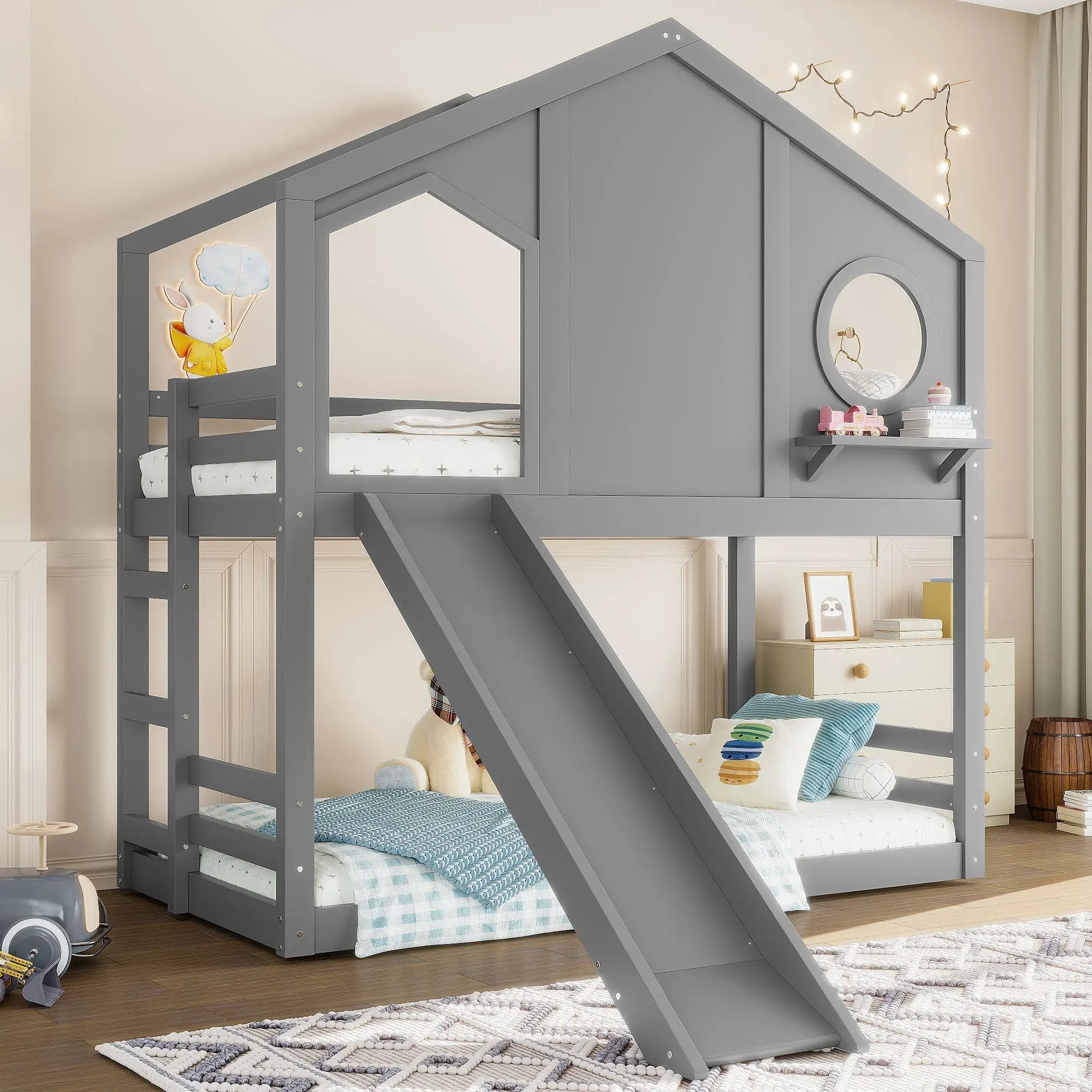 Twin House Bunk Bed with Slide and Storage Shelves by HouseOfZazla