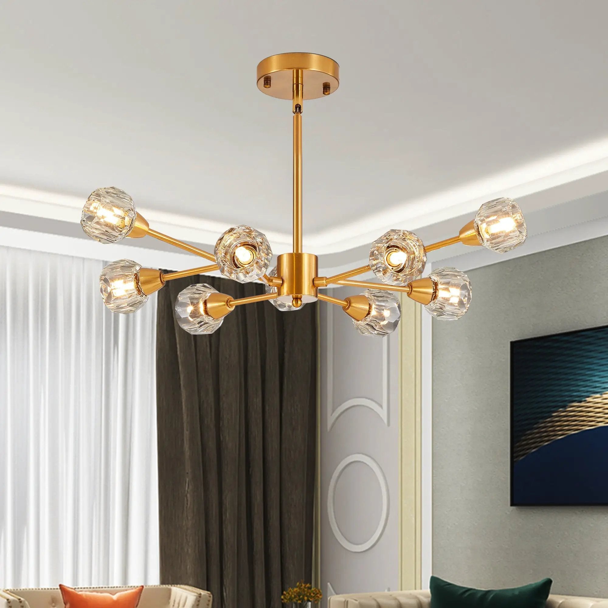 28" Modern Crystal Chandelier with 9 Lights in Golden Finish by HouseOfZazla