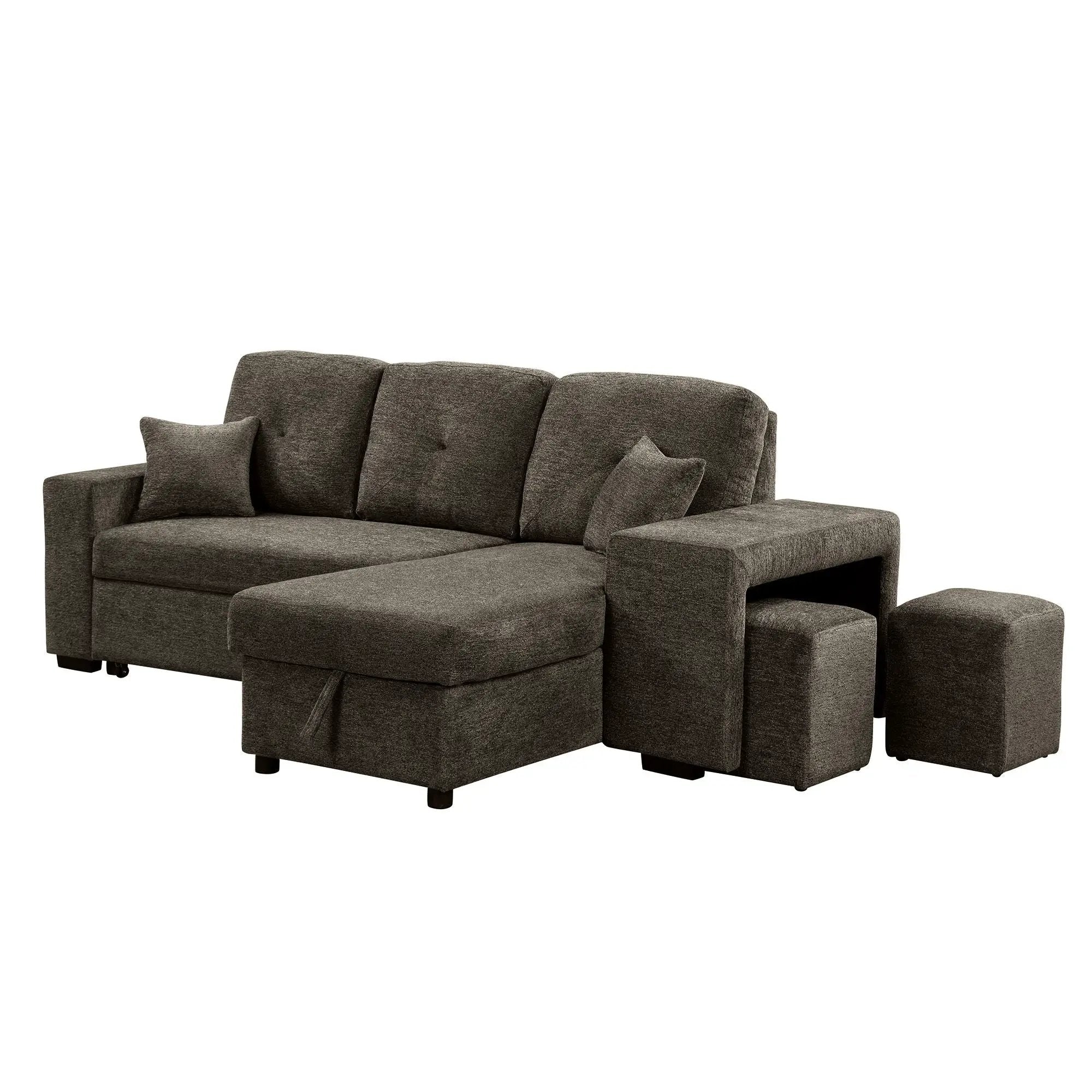 Reversible Sleeper Sectional Sofa Bed With Side Shelf And 2 Stools, Pull-Out L-Shaped Sofa Bed, Corner Sofa-Bed With Storage Chaise Left / Right Hande For Living Room by HouseOfZazla