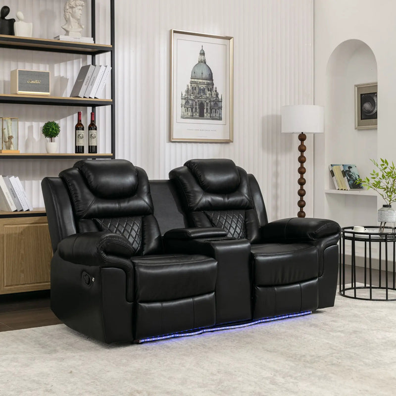 Home Theater Seating Manual Recliner Loveseat With Hide-Away Storage, Cup Holders And Led Light Strip For Living Room by Unique Piece Furniture
