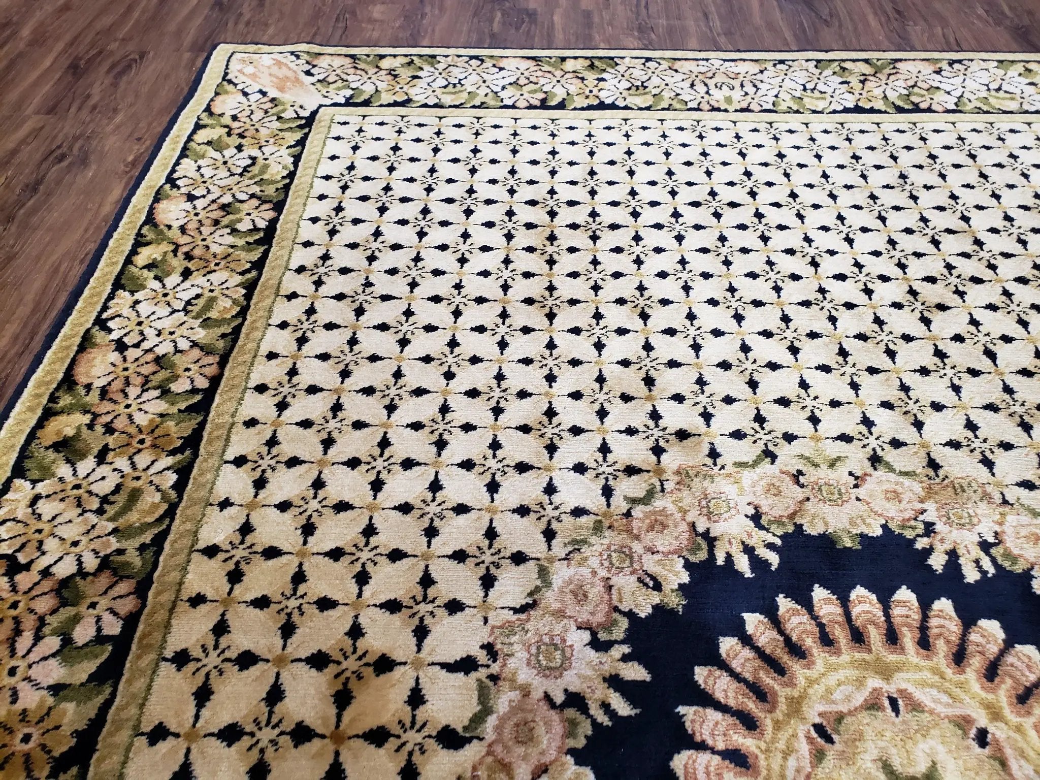 Indian Rug with Tibetan Weave, 6x8 - 6x9 Rugs, Indo-Tibetan Rug, Black and Cream Beige Tan, Floral Border, Soft Rug, Handmade Area Rug, Wool by Jewel Rugs