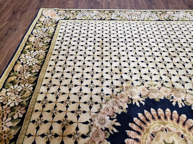 Indian Rug with Tibetan Weave, 6x8 - 6x9 Rugs, Indo-Tibetan Rug, Black and Cream Beige Tan, Floral Border, Soft Rug, Handmade Area Rug, Wool by Jewel Rugs