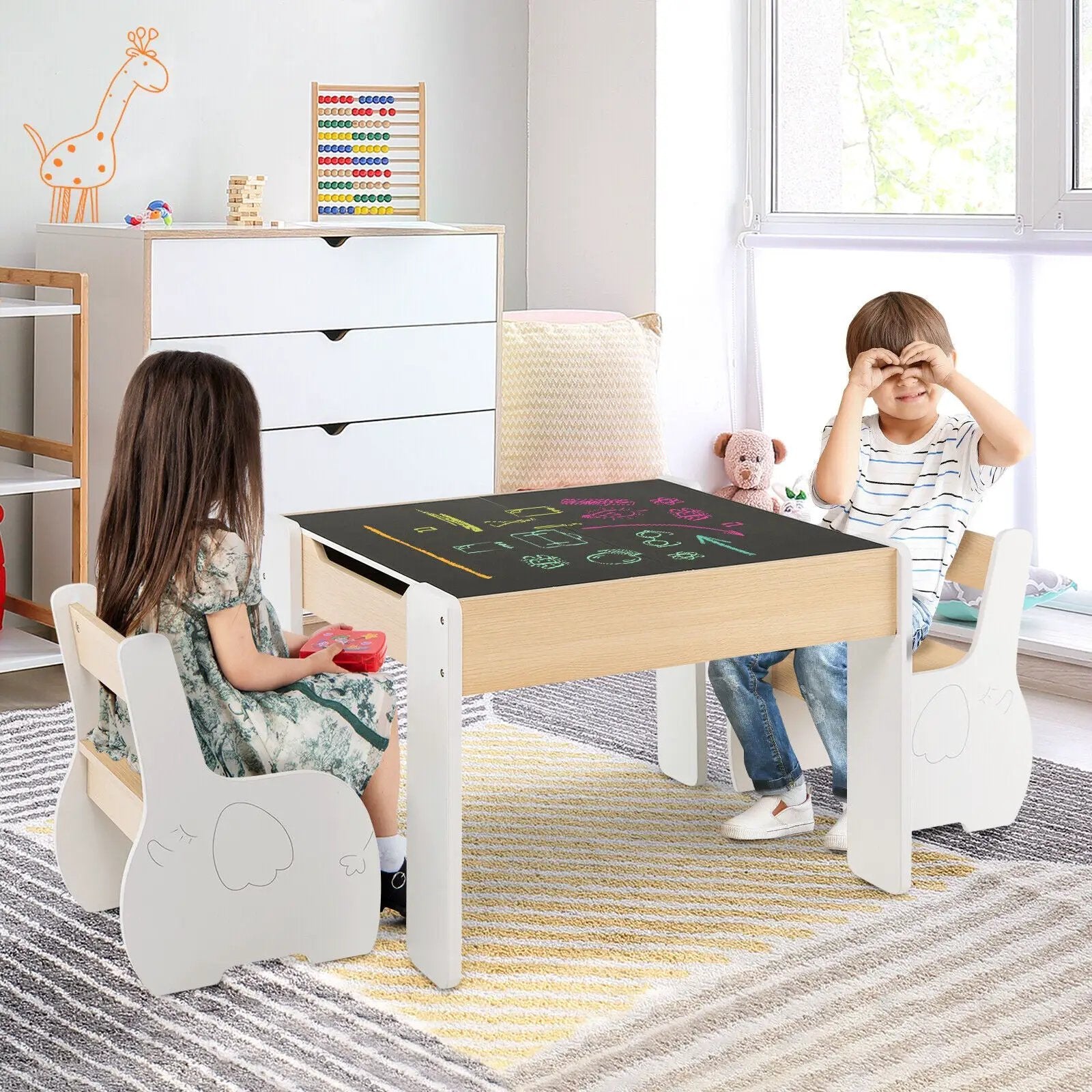 4-in-1 Wooden Activity Kids Table and Chairs with Storage and Detachable Blackboard by DirectDeals