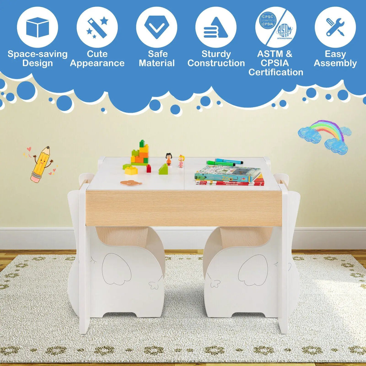 4-in-1 Wooden Activity Kids Table and Chairs with Storage and Detachable Blackboard, photo 9 of 16