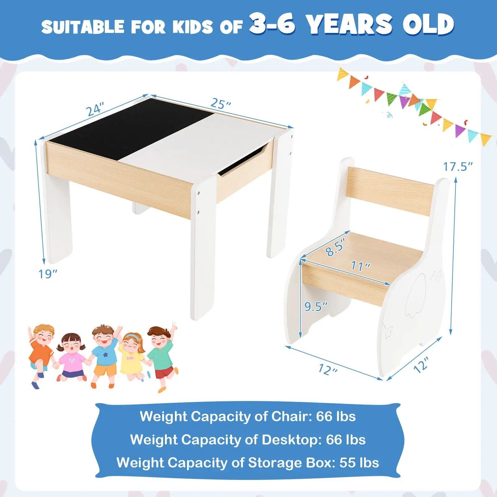 4-in-1 Wooden Activity Kids Table and Chairs with Storage and Detachable Blackboard by DirectDeals