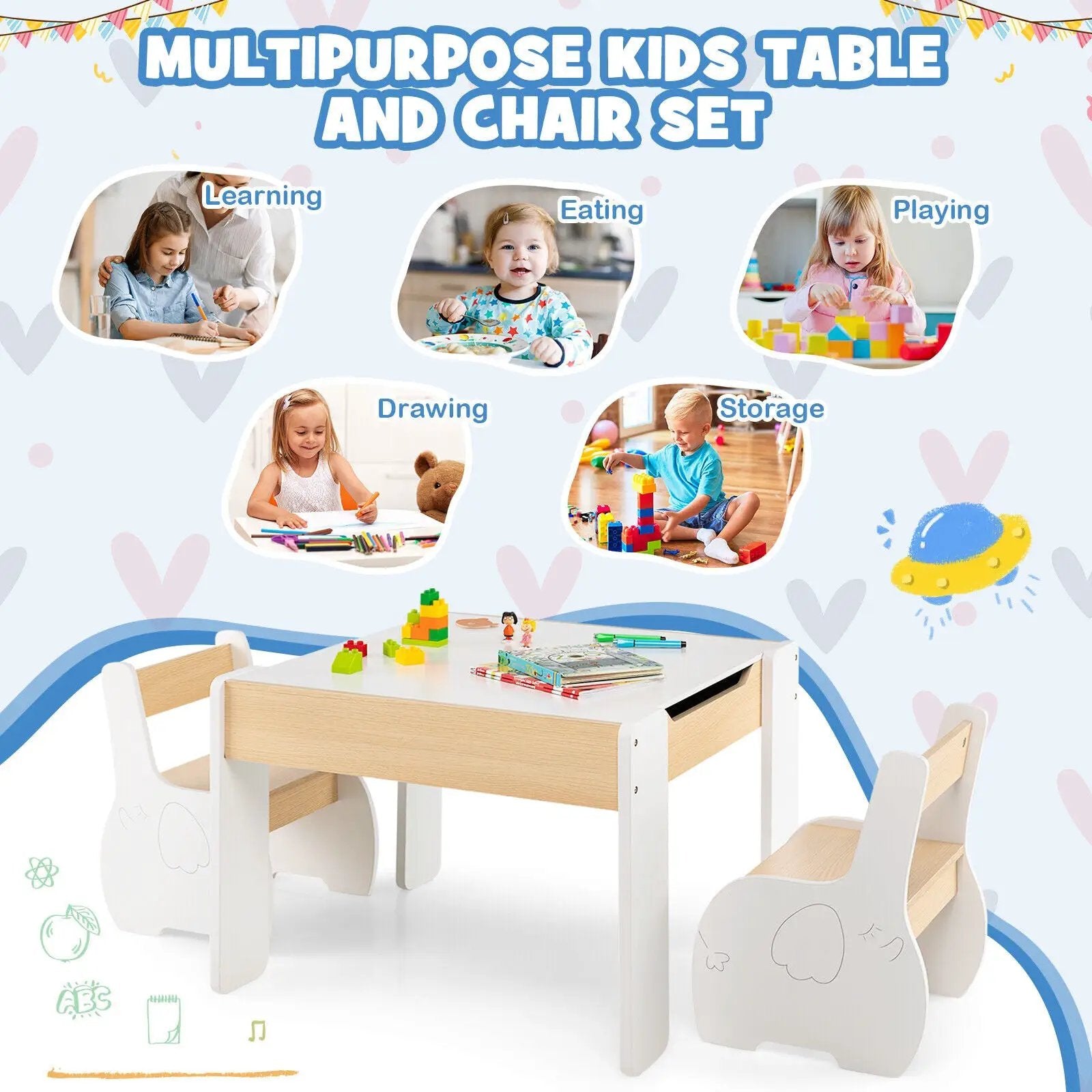 4-in-1 Wooden Activity Kids Table and Chairs with Storage and Detachable Blackboard by DirectDeals